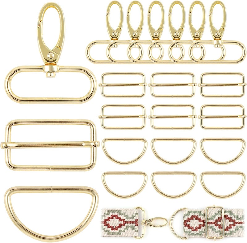 PECMER Purse Hardware for Bag Making 1 1/2 Inch D Ring 18 Pcs Gold Swivel Clasp Snap Hooks Tri Glide Slide Buckles for Strap Adjuster Dog Collar Making Supplies - Image 1